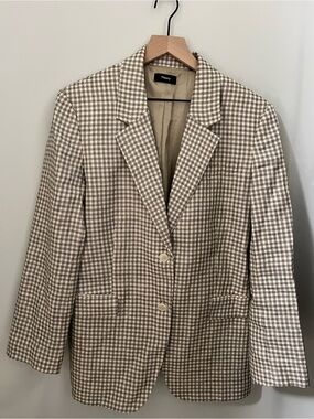 Theory Women Beige Linen Blend Blazer Check V-Neck 2 Button Sz 10